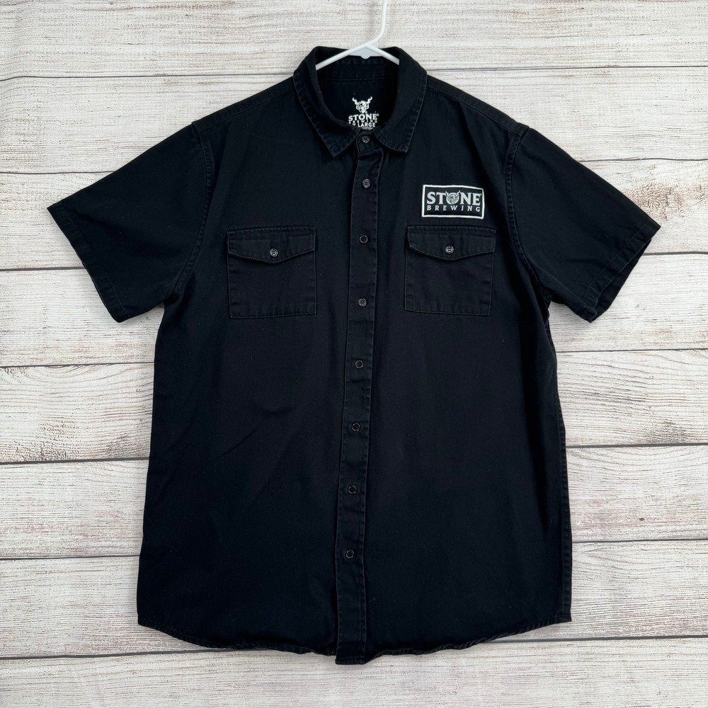 Stone Brewing Button Up Shirt Mens XL Black Short Sleeve Logo Patch